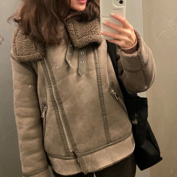 COPY - ZARA NEW WOMEN FAUX LEATHER SHEARLING DOUBLE-FACED BIKER JACKET GRAY 354… - Picture 3 of 15